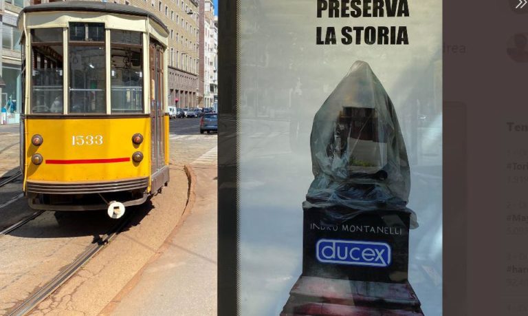Montanelli “preservato” da un condom: l’ultimo manifesto del Banksy torinese Andrea Villa