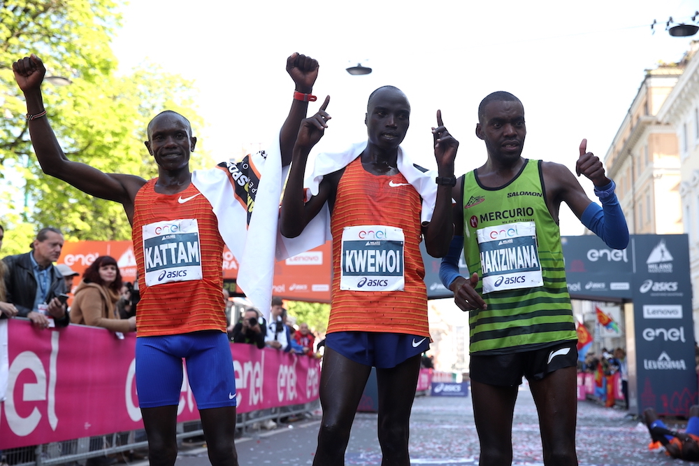 Milano Marathon 2023, i tre arrivati_Kvemoi il 1°_Kattam il 2°_Hakizimana il 3°